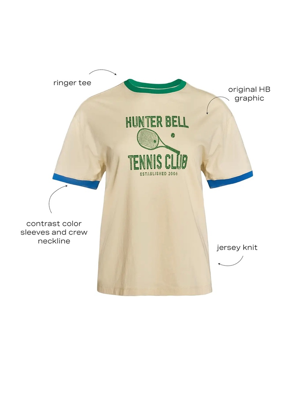 HUNTER BELL Cream Tee with Green and Blue Ringer Trim New without tags